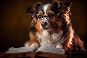 generativo ai ilustração do inteligente sério cachorro dentro óculos lendo uma livro, Volumn luz foto