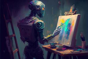 generativo ai ilustração do cyborg ai robô artista dentro Sombrio estúdio Próximo para dele cavalete, pintura e tintas enquanto trabalhando, neural rede gerado arte. digitalmente pintura, gerado imagem. foto