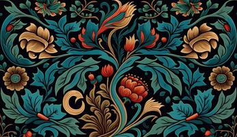 generativo ai, floral colorida padronizar. William Morris inspirado natural plantas e flores fundo, vintage ilustração. folk estilo foto