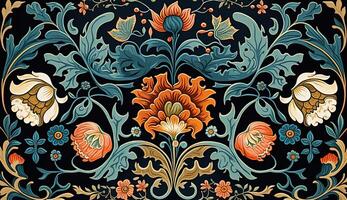 generativo ai, floral colorida padronizar. William Morris inspirado natural plantas e flores fundo, vintage ilustração. folk estilo foto