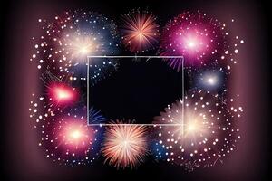 generativo ai ilustração do festival fogos de artifício. brilhante biscoitos luzes dentro noite céu, fogo de artifício bandeira e tradicional celebração fundo com cópia de espaço foto