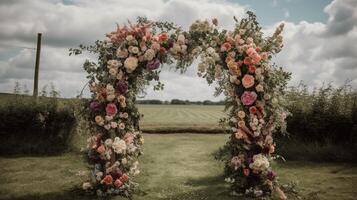 generativo ai, Casamento cerimônia boho rústico estilo arco com flores e plantas, flor buquês. foto