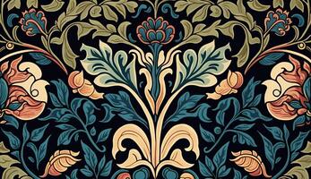 generativo ai, floral colorida padronizar. William Morris inspirado natural plantas e flores fundo, vintage ilustração. folk estilo foto