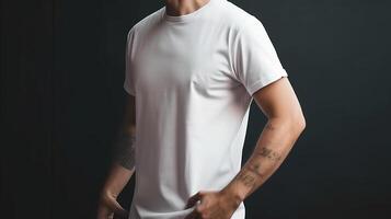 generativo ai, realista branco camiseta zombar acima em branco colocar em jovem homem, copyspace para apresentação anúncio. em branco o negócio conceito foto