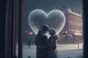 generativo ai ilustração do uma nevasca do amar. casal se beijando dentro neve. grande coração. amor e namorados dia conceito. neural rede gerado arte. digitalmente gerado imagem. foto