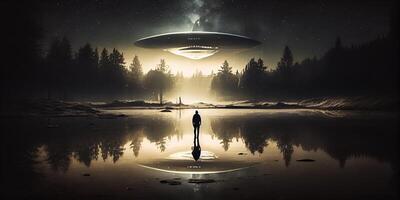 generativo ai ilustração do uma refletindo em a significado do vida depois de tendo uma profundo encontro com uma UFO foto