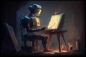 generativo ai ilustração do cyborg ai robô artista dentro Sombrio estúdio Próximo para dele cavalete, pintura e tintas enquanto trabalhando, neural rede gerado arte. digitalmente pintura, gerado imagem. foto