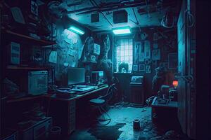 generativo ai ilustração do bagunçado e Sombrio cyberpunk hacker esconderijo quarto com luzes foto