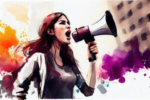 generativo ai ilustração do uma liberdade ou mulheres igualdade protesto para global mudar, gênero igualdade ou Preto mulher alto falante luta para apoiar, cidade discurso ou humano direitos comício de justiça Guerreiro foto