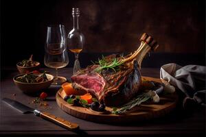 generativo ai ilustração do recentemente grelhado tomahawk bifes em de madeira corte quadro, soberbamente delicioso tomahawk bife, churrasco foto