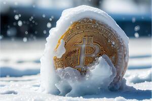 generativo ai ilustração do congeladas bitcoin, frio e neve. mordeu moeda símbolo dentro gelo e neve foto