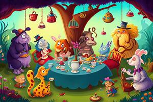generativo ai ilustração do uma caprichoso chá festa cena com uma variedade do falando animais e personagens, dentro uma colorida e brincalhão estilo dentro país das maravilhas foto