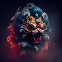 generativo ai ilustração do antropomórfico tradicional chinês leão dança, grande volta olhos, roliço corpo, chinês Primavera festival, luminoso partículas, fumaça foto