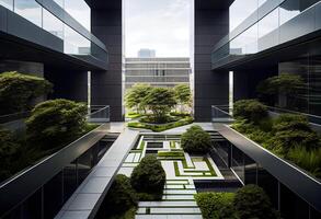 generativo ai ilustração do linda jardim em a telhado do uma contemporâneo vidro escritório construção dentro Ásia foto