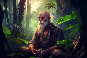 generativo ai ilustração do velho homem meditando dentro a selva foto