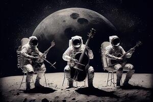 generativo ai ilustração do uma trio do astronautas fazer música em a lunar superfície foto