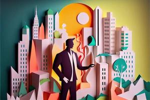 o negócio homem dentro a cidade fundo, colorido. o negócio aperto de mãos, bem sucedido conceito. papel cortar arte, 3d papel ilustração estilo. neural rede gerado arte. foto