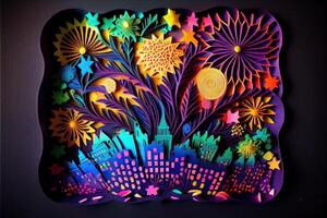 generativo ai ilustração do foto papel cortar dobrando multidimensional papel corte, construir papel ilustração, fogos de artifício e lindo cidade dentro Novo ano véspera, nacional dia com colori luzes, pop cor.