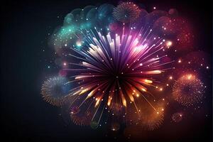 generativo ai ilustração do festival fogos de artifício. brilhante biscoitos luzes dentro noite céu, fogo de artifício bandeira e tradicional celebração fundo com cópia de espaço foto