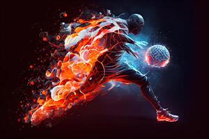 generativo ai ilustração do a essência do uma futebol jogador dentro movimento Como elas pontapé uma bola com intenso energia, cercado de vibrante cores e salpicos foto