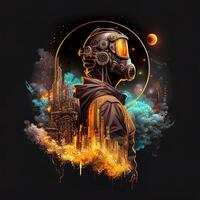 generativo ai ilustração do cyberpunk astronauta com uma industrial fumaça, mecânico detalhe em ombros, poluição, centrado dentro intrincado ouro e fogo círculo do cidade e arranha-céus foto