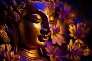 generativo ai ilustração do abstrato realista Buda, flores, Magia iluminação, lindo metálico e pedra cores, detalhado, natural iluminação, natural ambiente. digitalmente gerado imagem foto