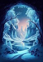 generativo ai ilustração do fantasia inverno paisagem, congeladas rio, árvores dentro a neve. lindo inverno fundo. Magia fada conto néon paisagem, inverno floresta, portal, Magia foto