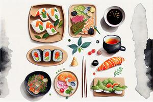 generativo ai ilustração do knolling japonês cozinha comida, aguarela pintura estilo, conjunto do ásia Comida foto