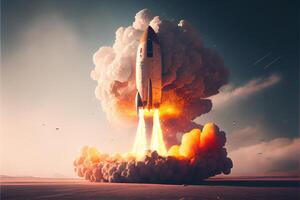 generativo ai ilustração do foguete leva fora para dentro espaço, faíscas, fumaça, smog foto