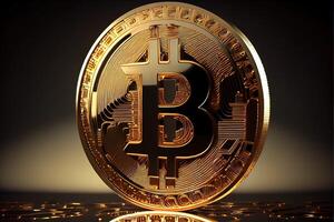 generativo ai ilustração do deslumbrante Renderização do uma ouro bitcoin, brilhante dourado textura com lindo reflexões, cinematográfico iluminação foto