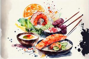 generativo ai ilustração do knolling japonês cozinha comida, aguarela pintura estilo, conjunto do ásia Comida foto