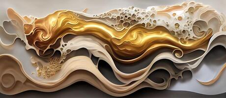 generativo ai ilustração do abstrato fluido composição ondas do variando tamanhos e cores é dividido para dentro camadas, taupe, marfim, branco, bege, e suave ouro cores, ouro brilhar foto