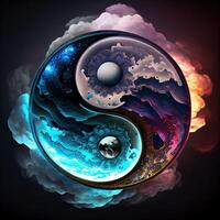 generativo ai ilustração do uma mítico yin yang Magia Projeto fez a partir de carnaval vidro, fantasia céu fundo, mestres do a escuridão, fantasia épico atmosfera foto