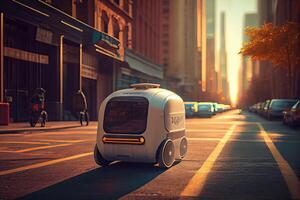 generativo ai ilustração do a futuro do Entrega tecnologia com Autônomo correio robôs dentro movimentado urbano paisagens, uma Entrega robô Como bem Como Autônomo Entrega carros criada de uma o negócio foto