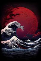 generativo ai ilustração do uma mar Sombrio noite panorama. vermelho luar refletido dentro a ondas do a oceano. mar tormentoso onda com espuma, japonês arte estilo foto