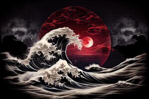 generativo ai ilustração do uma mar Sombrio noite panorama. vermelho luar refletido dentro a ondas do a oceano. mar tormentoso onda com espuma, japonês arte estilo foto