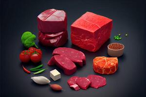 generativo ai ilustração do variedade do cru carne carne bifes para grelhar com tempero e utensílios, sortido cru carne carne, fresco cru carne bifes em de madeira borda foto