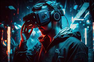 generativo ai ilustração do homem com virtual realidade vr óculos de proteção jogando ar aumentado realidade jogos e entretenimento, futurista metaverso gamefi nft jogos Ideias foto
