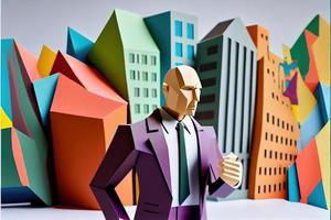 o negócio homem dentro a cidade fundo, colorido. o negócio aperto de mãos, bem sucedido conceito. papel cortar arte, 3d papel ilustração estilo. neural rede gerado arte. foto