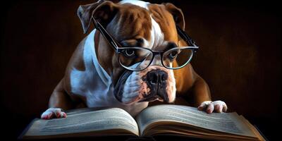 generativo ai ilustração do inteligente sério cachorro dentro óculos lendo uma livro, Volumn luz foto