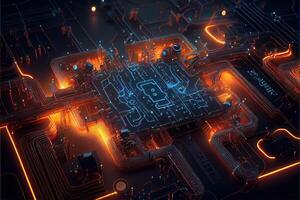 generativo ai ilustração do macro tiro do o circuito ciberespaço borda com computador placa mãe componente microchip com lasca estrutura. neural rede gerado arte. foto