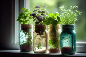 generativo ai ilustração do diferente ervas crescendo dentro frascos em uma janela, Incluindo manjericão, sábio, cebolinha, salsinha, orégano, e Tomilho foto