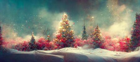 generativo ai ilustração do Natal decorado verde abeto árvores dentro inverno floresta, abstrato fantasia festivo Natal árvore, inverno abstrato panorama. luz solar dentro a inverno floresta. digital arte. foto