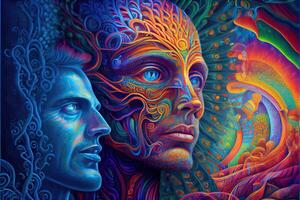 generativo ai ilustração do mais alto, ioga relaxar calafrio Fora dmt visões espírito. 7 colori chakras meditação dmt alucinações. multiverso conectado através uma nervoso sistema - trippy psicodélico foto