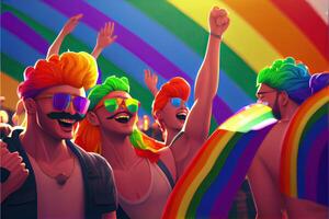 generativo ai ilustração do diversidade jovem gay mulheres e homens com acenando orgulho arco Iris bandeira. apoiantes do a lgbt comunidade. neural rede gerado arte. digitalmente gerado imagem. foto