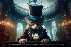 generativo ai ilustração do uma surreal digital arte do uma gato vestindo uma topo chapéu jogando a grande piano foto