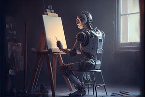generativo ai ilustração do cyborg ai robô artista dentro Sombrio estúdio Próximo para dele cavalete, pintura e tintas enquanto trabalhando, neural rede gerado arte. digitalmente pintura, gerado imagem. foto