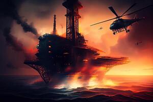 generativo ai ilustração do a no mar óleo plataforma, com uma helicóptero estacionado em topo do isto e uma brilhante flare queimando dentro a fundo foto