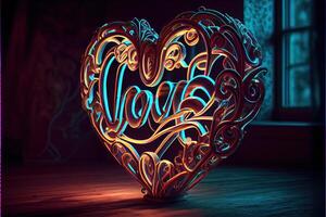 generativo ai ilustração do amor coração néon luz, decoração, brilhante luz, romântico. amor e namorados dia conceito. neural rede gerado arte. digitalmente gerado imagem. foto