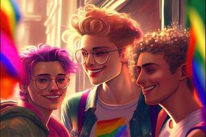 generativo ai ilustração do diversidade jovem gay mulheres e homens com acenando orgulho arco Iris bandeira. apoiantes do a lgbt comunidade. neural rede gerado arte. digitalmente gerado imagem. foto